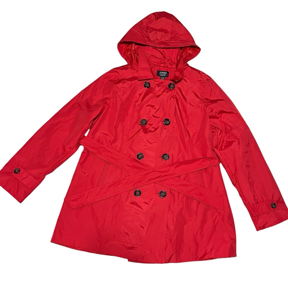 NWOT Jones New York Womans XL Red Trench Coat Button Down Jacket Detachable Hood